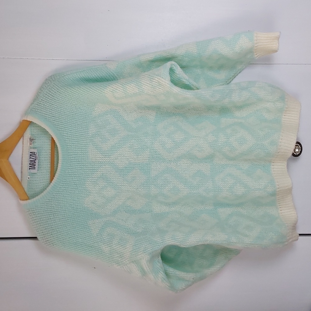 Tarazzia Vintage Italian Mohair Wool Seafoam Green Geo Pattern Sweater Sz.M
